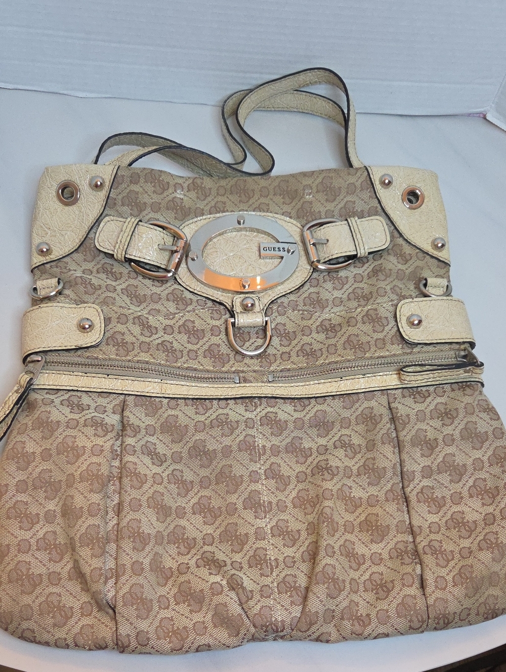 Guess Taupe and Cream Monogram Shoulder Bag